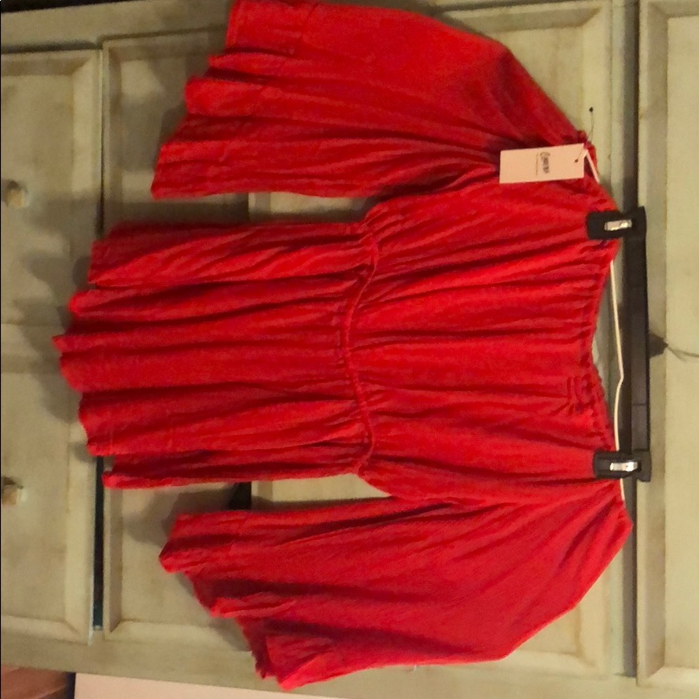 Red Off the Shoulder Romper with bell sleeves